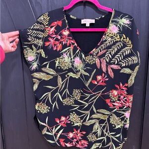 Philosophy Black Top with Red and Green Floral Design